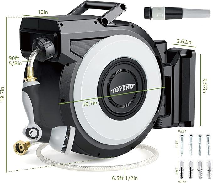 Tuyeho Retractable Garden Hose Reel 5/8" x 90 ft, Wall Mount Water Hose Reels with Automatic Slow Rewind System, Outdoor Hoses Reel with 2 Hose Nozzles for Garden Watering, Car Wash, Pet Shower - NeatNest