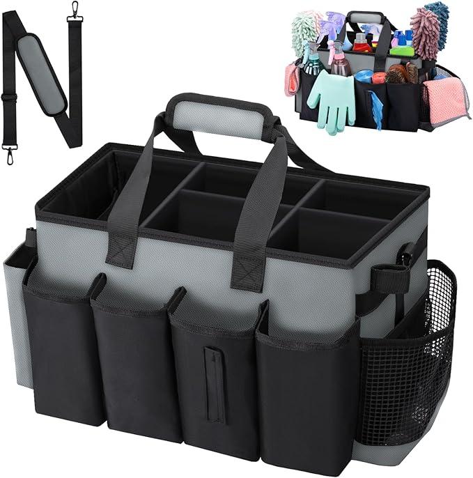 Wearable Large Cleaning Caddy Bag for Housekeeper, Clean Supply Organizer with Adjustable Shoulder, Waist & Handle Straps, Detailing Bag for Kitchen Supplies (Black&Gray) - NeatNest