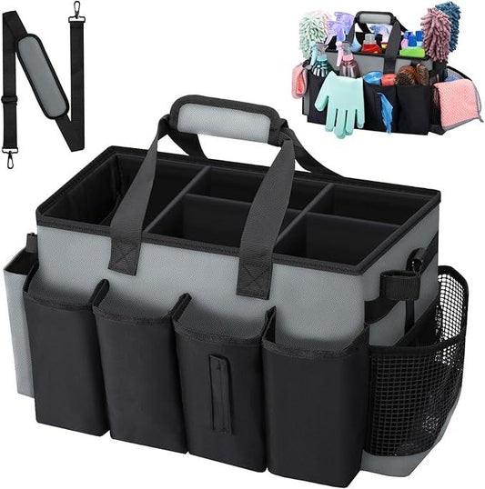 Wearable Large Cleaning Caddy Bag for Housekeeper, Clean Supply Organizer with Adjustable Shoulder, Waist & Handle Straps, Detailing Bag for Kitchen Supplies (Black&Gray) - NeatNest