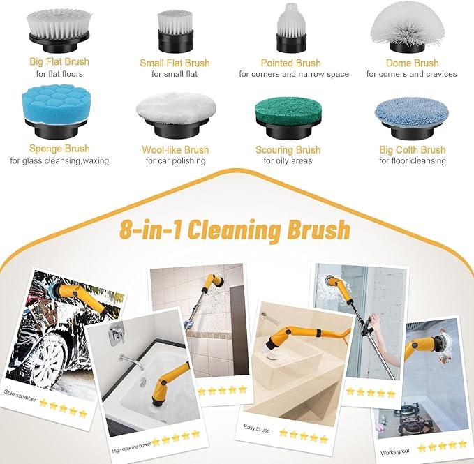 Qimedo 1500 RPM Electric Spin Scrubber with Two Batteries Q2 Pro, Cordless Battery Powered Shower Scrubber,Electric Tile Floor Scrubber with Display for Grout/Tile/Tub (Effortless Handle/8 Brushes) - NeatNest