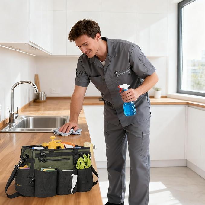Wearable Cleaning Caddy Bag for Cleaning Supplies,Large Capacity Cleaning Organizer Green - NeatNest