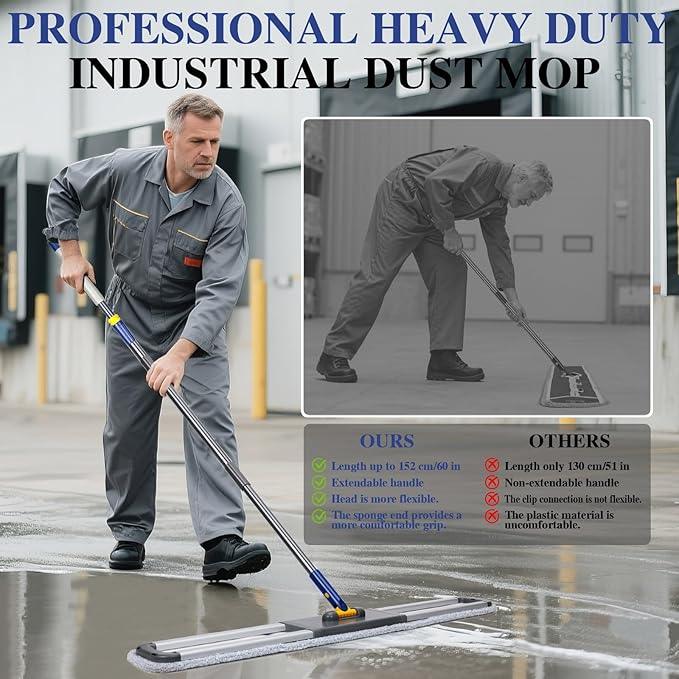 36" Commercial Mop for Floor Cleaning, Masthome Heavy Duty Industrial Mop with 3 Pads, Professional Microfiber Mops with 60'' Long Handle,Large Dust Mops for Office Garage Warehouse Factory Mall(Blue) - NeatNest
