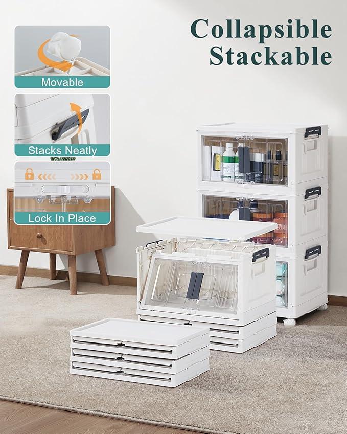 OlarHike 23QT Stackable Storage Bins with Lids - Folding Storage Box with Doors and Wheels, Collapsible Plastic Storage Bins for Closets and Organization, Christmas Gifts, 3 Pack Cubes - NeatNest