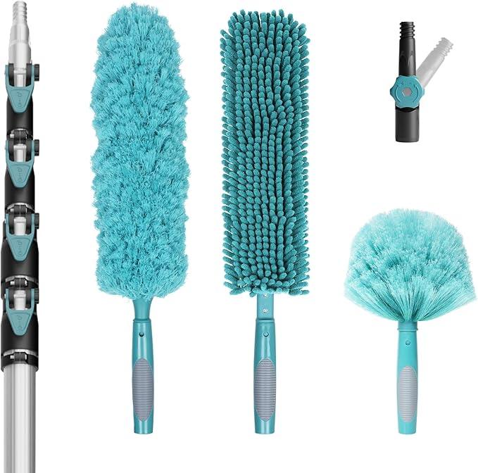 30 Foot High-Reach Duster Kit with 6-24FT Extendable Pole - High Ceiling Duster Cleaning Kit with Telescopic Pole,Cobweb Duster, Chenille Ceiling Fan Duster, Microfiber Feather Duster - NeatNest