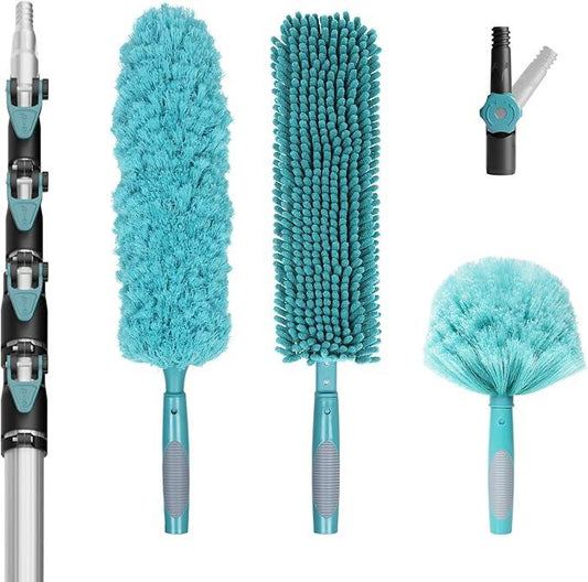 30 Foot High-Reach Duster Kit with 6-24FT Extendable Pole - High Ceiling Duster Cleaning Kit with Telescopic Pole,Cobweb Duster, Chenille Ceiling Fan Duster, Microfiber Feather Duster - NeatNest