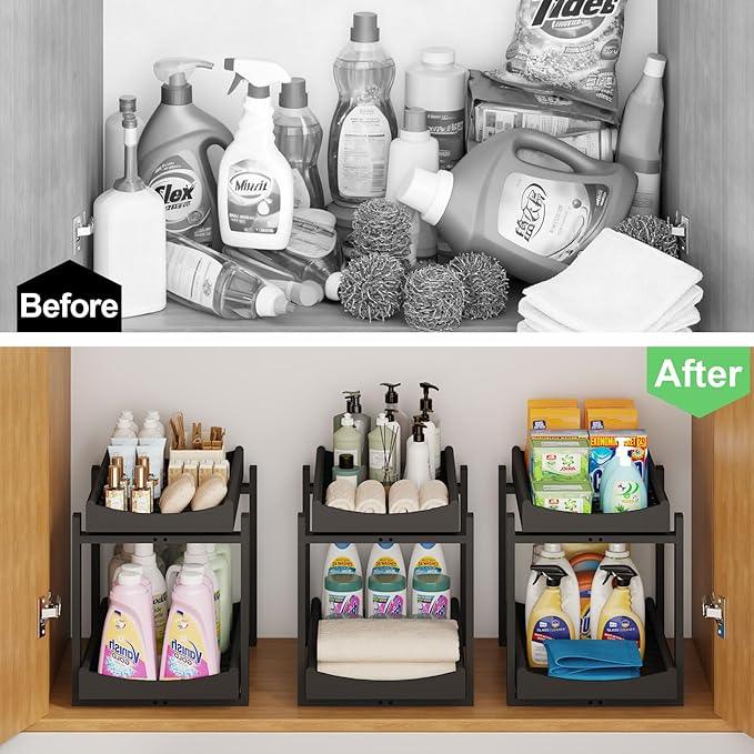 Bamboo Under Sink Organizer and Storage, 2 Pack Pull Out Cabinet Organization, 2 Tier Vertical Slide Out Undersink Storage Shelf, Multi-Purpose Organizer Shelves for Kitchen Bathroom Medicine, Black - NeatNest