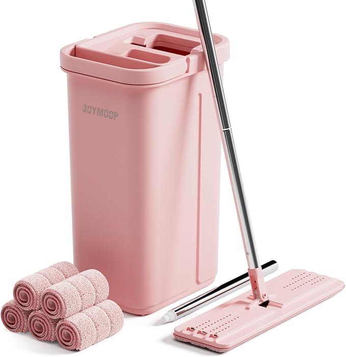 JOYMOOP Pink Mop and Bucket with Wringer Set for Home, with 5 Reusable Microfiber Mop Pads, Hands-Free Self-Cleaning System, Suitable for Floor Cleaning and Wall Cleaner - NeatNest