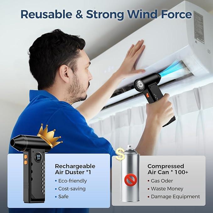 Compressed Air Duster, 150000RPM Electric Air Duster with LED Display & Light, 4 Gear Adjustable Cordless Air Blower, Rechargeable Brushless Motor Turbo Fan for Keyboard, Electronic Devices, Home, Car - NeatNest