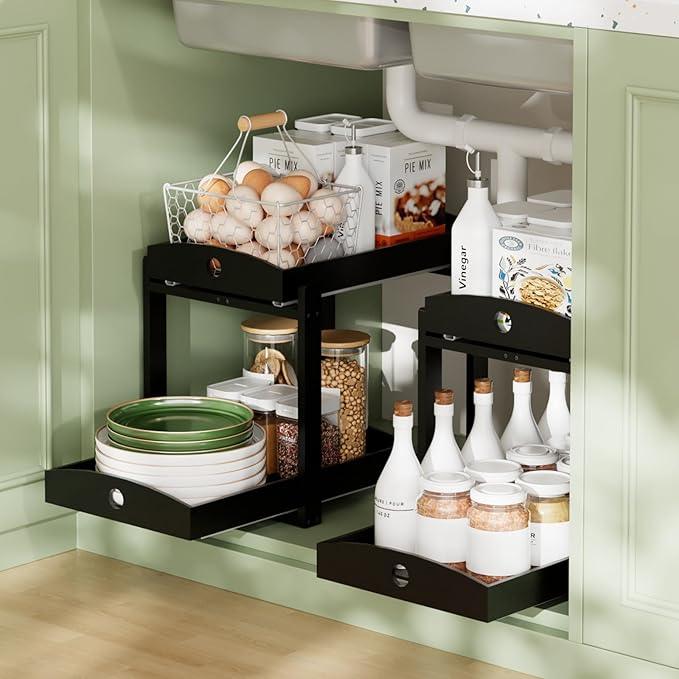 Bamboo Wood Under Sink Organizer 1 Pack, Pull Out Cabinet Organizer 2 Tier Under Sink Organizers and Storage with Sliding Drawer Sturdy Easy Assembly for Kitchen Bathroom Undersink (Black, 2 Packs) - NeatNest