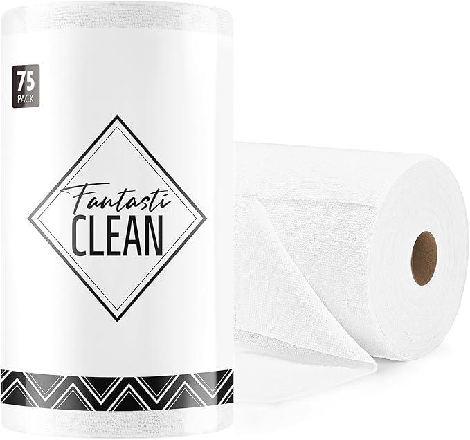 Fantasticlean Microfiber Cleaning Cloth Roll -75 Pack, Tear Away Microfiber Towels, 12" x 12", Reusable, Washable, Scratch Free, Ultra Absorbent Dish Rags for Car, Home, Garage or Shop (White) - NeatNest