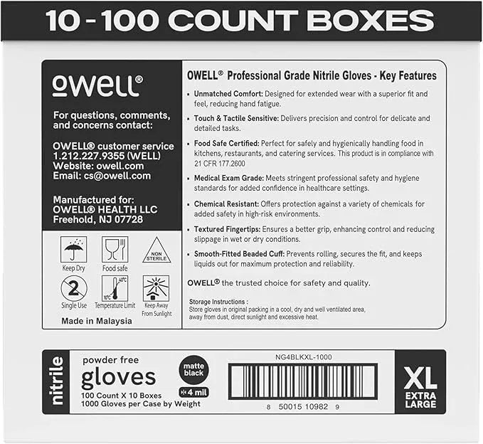 OWELL® Professional Grade Black Disposable Nitrile Gloves – 4 Mil Food Safe, Medical Exam, Powder-Free, Latex-Free Gloves - NeatNest