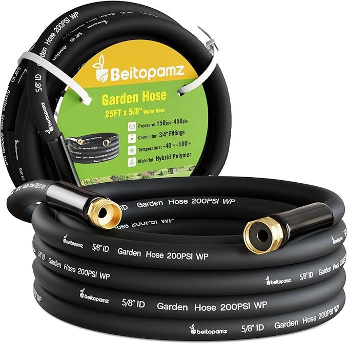 Garden Hose 25 ft x 5/8 in Heavy Duty Water Hose, Flexible and Durable, Lightweight Rubber Hybrid Hose, Leak-Free Connections, Male to Female Fittings, BT25B, Black - NeatNest