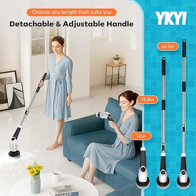 YKYI Electric Spin Scrubber,Cordless Cleaning Brush,Shower Cleaning Brush with 8 Replaceable Brush Heads,Power Scrubber 3 Adjustable Speeds,Adjustable & Detachable Long Handle,Voice Broadcast - NeatNest