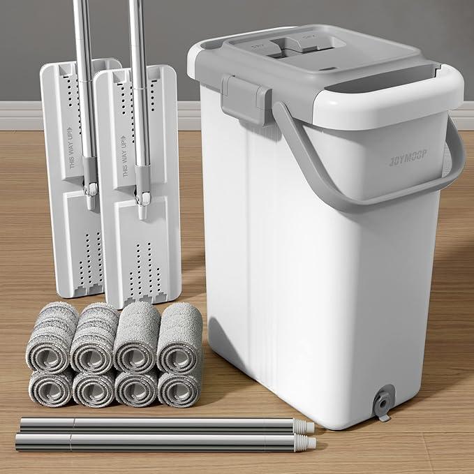 JOYMOOP Mop and Bucket with Wringer Set for Floor Cleaning and Wall Cleaner, Flat Mop and Bucket System Set with 2 Mops and 8 Large Microfiber Pads - White - NeatNest