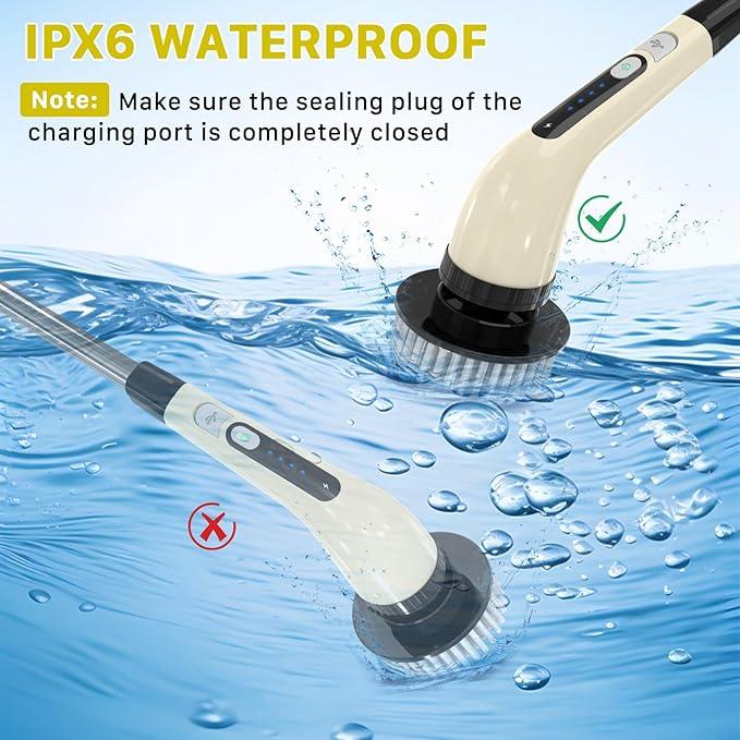 Electric Spin Scrubber, Cordless Cleaning Brush, Shower Scrubber with 7 Replaceable Brush, 2 Speeds and Adjustable Extension Handle for Bathroom Shower Bathtub Glass Car(Beige) - NeatNest