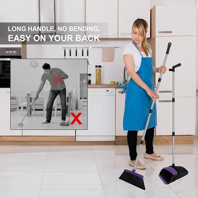 Broom with Dustpan Combo Set, 51" Household Dustpans and Broom, Standing Dust Pan Set for Home, Purple Cleaning Set for Kitchen Lobby Indoor Outdoor - NeatNest