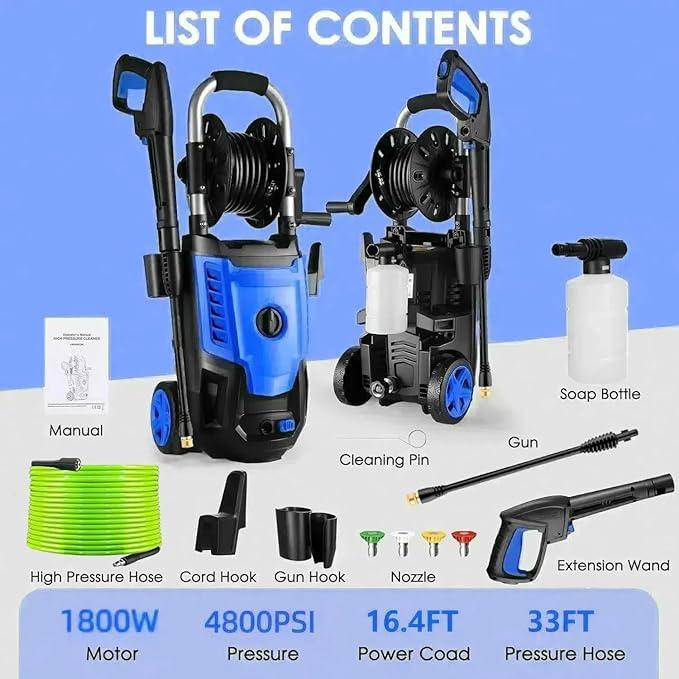 Pressure Cleaner- High Power Cleaner with 33FT Hose Reel, 4 Spray Tips and Soap Bottle for Car Washing, Fence Cleaning, Patio Maintenance（Upgraded） (Blue) - NeatNest