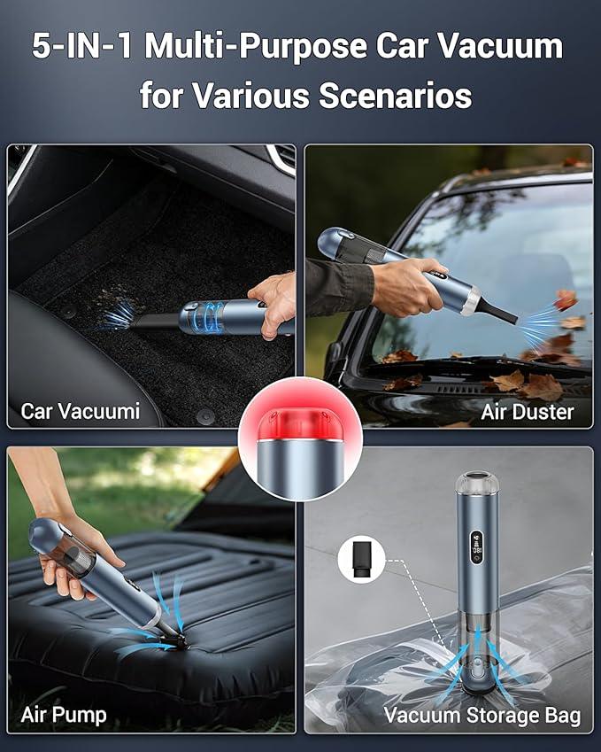 Handheld Vacuum Cordless, 18000Pa Car Vacuum with Brushless Motor, 5-in-1 Portable Hand Held Vacuum with 3 Speed Modes, High Power Mini Vacuum Cleaner with White LED & Red Flash for home, Car, Office - NeatNest