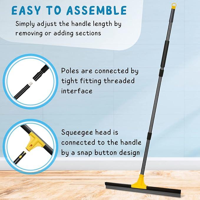Floor Squeegee for Concrete and Tile Cleaning, 24'' Rubber Wiper Broom, Large Heavy Duty Water Scraper with 60'' Long Handle for Garage, Deck, Bathroom, Shower Glass, Window - NeatNest
