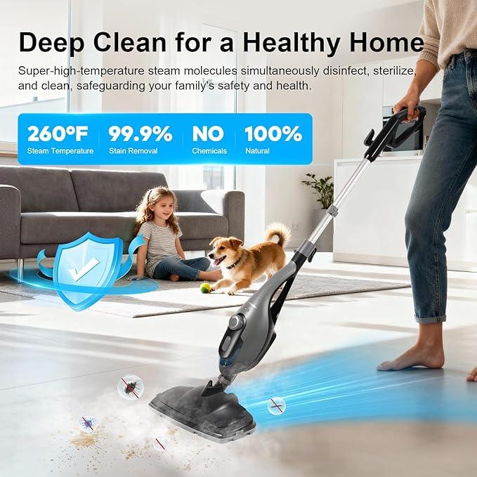 11-in-1 Steam Mop, 1550W Powerful Handheld Steam Cleaner, 260°F Multi-Functional Floor Steamer with 21.3FT Cord for Floors, Hardwood, Tiles, Grout, Windows, Kitchen, Bath, Adjustable (Grey) - NeatNest