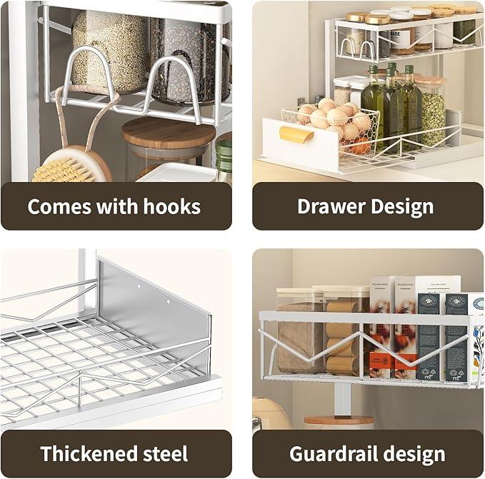 Under Sink Organizer - 2 Tier Pull Out Cabinet Organizer with Sliding Drawers, Adjustable Metal Storage Shelf for Kitchen & Bathroom, Space Saving Storage Solution (White, 1-Pack) - NeatNest