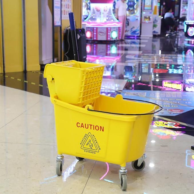Commercial Mop Bucket with Side-Press Wringer for Floor Cleaning, 35 Quarts, Yellow, Including One Commercial Mop - NeatNest