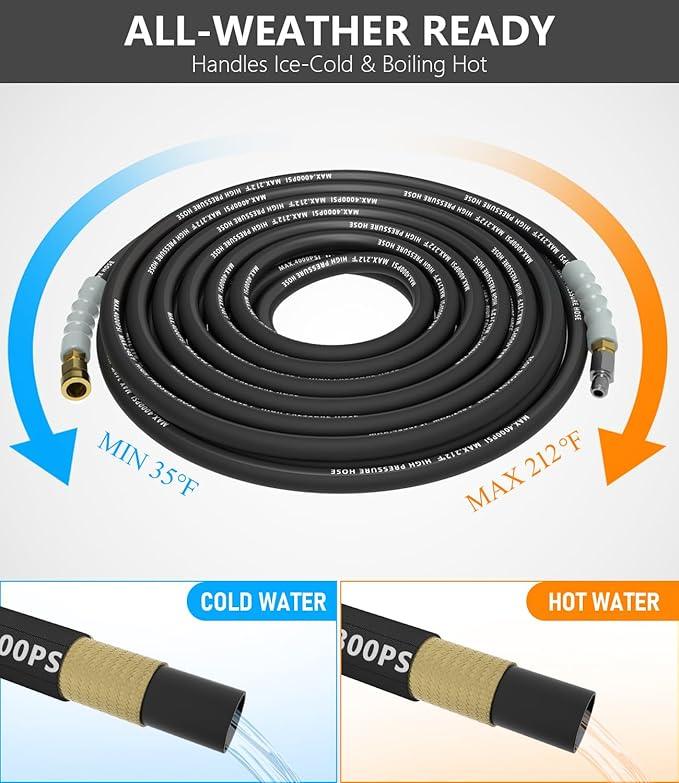 Pressure Washer Hose 50FT 4000 PSI, Kink Resistant Steel Braided Layer & NonMarking Rubber for Hot/Cold Water, High Power Washer Hose With 3/8 Inch Quick Connect & M22 Fitting, Black - NeatNest