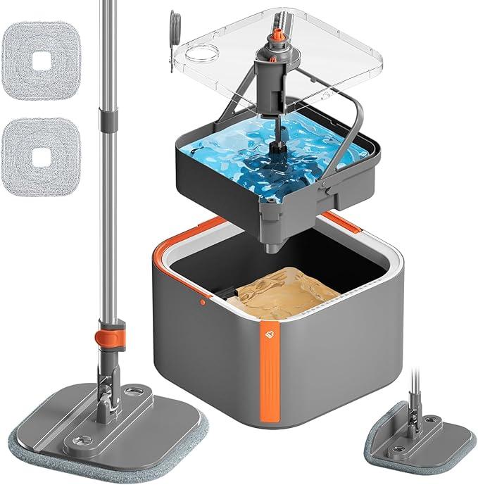 Upgraded Spin Mop and Bucket Set Self-Standing Mop Bucket Separate Dirty and Clean Water System Self Wringing 360° Rotating 90° Foldabl Mops and Buckets for Floor Cleaning (Dark Gray, 2Pads) - NeatNest