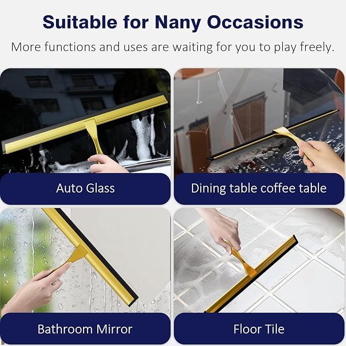 TOOVEM 14 Inch Shower Squeegee for Glass Doors, Window, Bathroom, Car Windshield, Shower Cleaning Tools with S Hook, Square Sticky Hook (Gold) - NeatNest