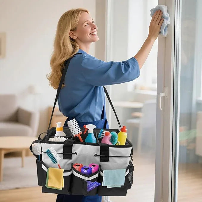 ZKOO Large Cleaning Caddy Bag with Handle, Built-in Sturdy Support Board, Adjustable Shoulder Strap, Multi-compartment Design Cleaning Supply Tote for Cleaners & Housekeepers (White) - NeatNest
