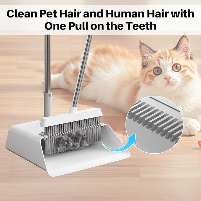 JOYMOOP White Broom and Dustpan Set, Upright Angle Design with Built-in Comb Teeth for Kitchen, Office, Pet Hair, Hard Floors - NeatNest