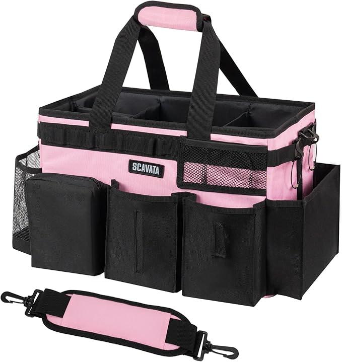 Wearable Cleaning Caddy Bag, Cleaning Caddy Supplies Organizer with Handle & Shoulder Straps for Housekeepers, Under Sink & Car Cleaning Tool Organizers with 4 Foldable Divider (SweetPink) - NeatNest
