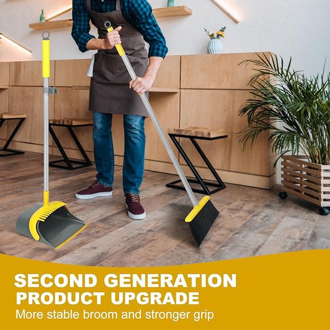 Broom and Dustpan Set with 54 Inch Long Handle - Perfect Dust Pan and Brush Combo for Home Efficient Cleaning (Yellow and Grey) - NeatNest