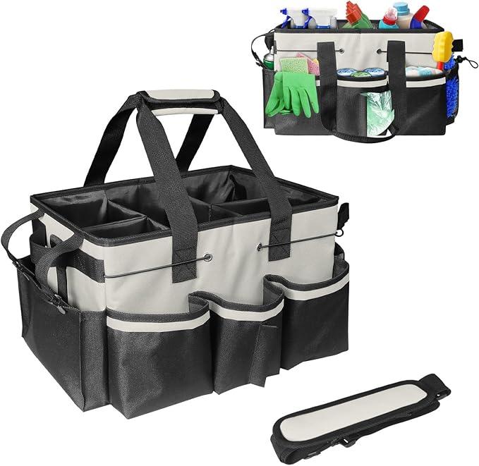 Boczif Cleaning Caddy Bag Wearable, Cleaning Caddy Supplies Organizer with Handle, Shoulder Straps & Detachable Divide, Cleaning Tool Organizers Tote Bag for Cleaners & Housekeepers (White) - NeatNest