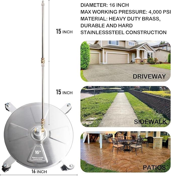 Hourleey 16" Pressure Washer Surface Cleaner, Stainless Steel Surface Cleaner with 4 Wheels for Concrete, Patio, Sidewalk, Deck, Pathway 1/4" Quick Connector, 2 Extension Wand, 4000 PSI - NeatNest
