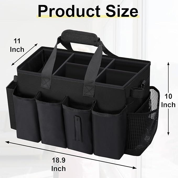 Wearable Large Cleaning Caddy Bag for Housekeeper, Clean Supply Organizer with Adjustable Shoulder, Waist & Handle Straps, Detailing Bag for Kitchen Supplies (Black) - NeatNest