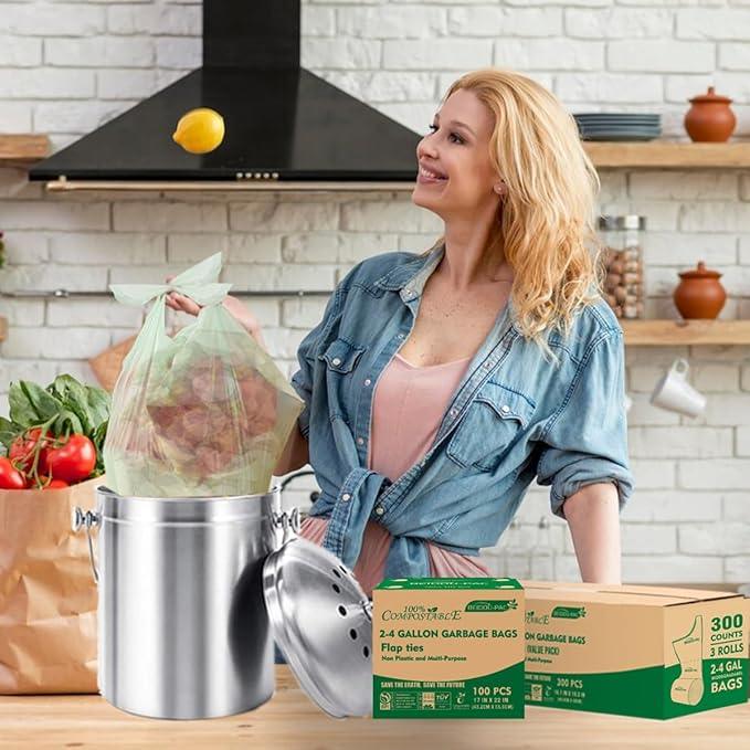3 Gallon Flap Tie Compostable Trash Bags, 300 Count Small Compost Bags, Biodegradable Kitchen Garbage Bags, Food Scrap Waste Bags for Countertop Bin, ASTM D6400, US BPI Certified - NeatNest