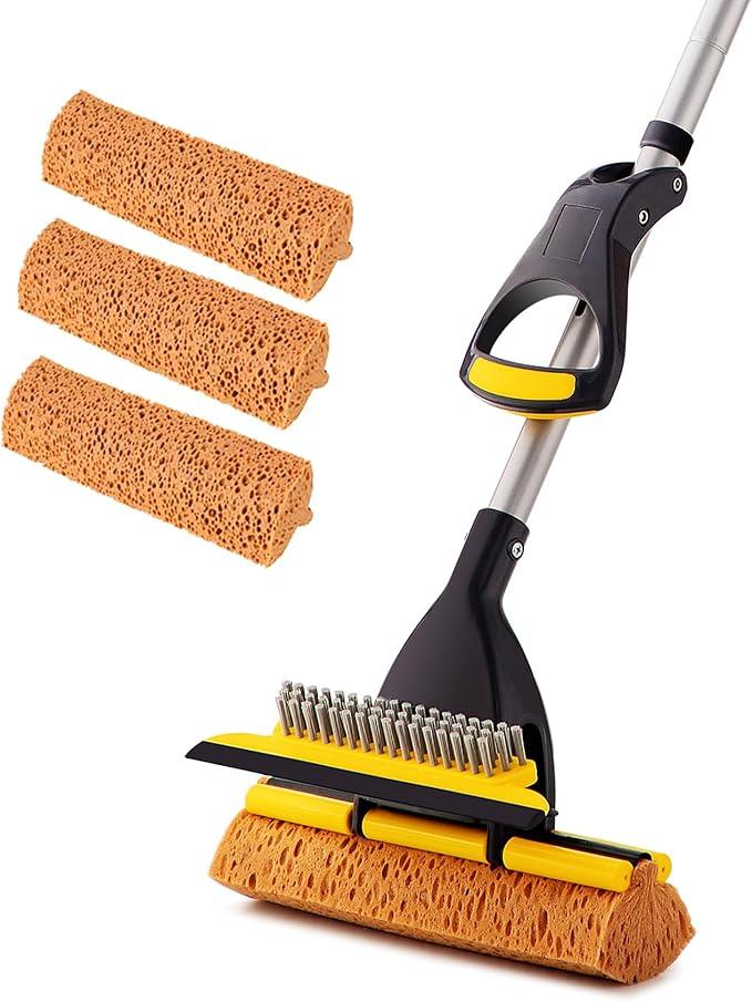 Yocada Sponge Mop Home Commercial Use Tile Floor Bathroom Garage Cleaning Total 3 Sponge Heads Squeegee and Extendable Telescopic Long Handle 42.5 to 52 Inches Easily Dry Wringing Only 3 Heads - NeatNest