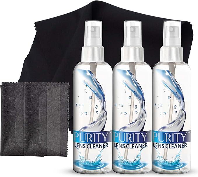 Purity Eyeglass Lens Cleaner Spray Kit - 3 x 8oz Lens Cleaner Spray Bottle + 2 Microfiber Cloth for Cleaning - Safe for All Lenses (AR Coated Included), Eyeglasses and Screens - NeatNest