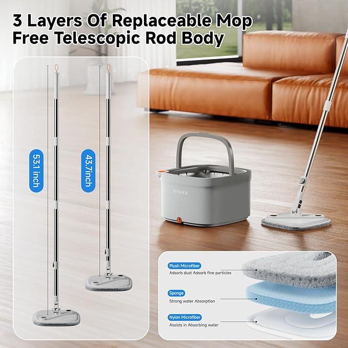 Mop and Bucket Set, Spin Mop with Self Seperates Dirty Water System, Square Mops for Floor Deep-Cleaning, 360 Rotating Mop Head for Hardwood Tile Marble, Versatile Mops for Walls (Mop Set with 6 Pads) - NeatNest