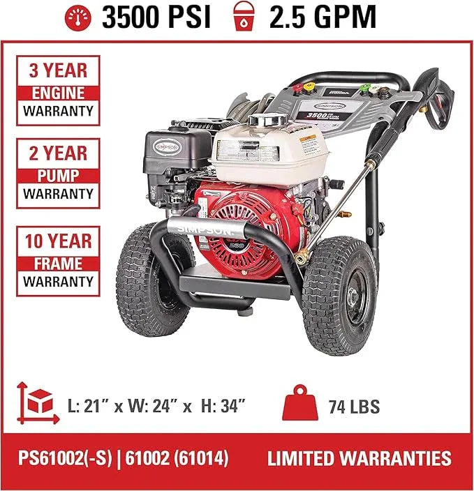 Simpson 61014 3500 PSI at 2.5 GPM Honda GX200 with AAA AX300 Axial Cam Pump Cold Water Professional Gas Pressure Washer PS61002-S - NeatNest