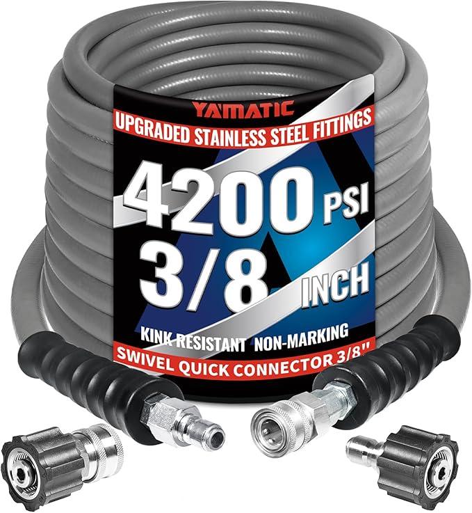 YAMATIC 3/8" Pressure Washer Hose 100FT with Stainless Steel Swivel 3/8" Quick Connect, 4200 PSI Non Marking Rubber Wear Resistant Steel Braided Industry Grade for Hot/Cold Water Gas Power Washer - NeatNest