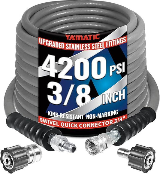 YAMATIC 3/8" Pressure Washer Hose 100FT with Stainless Steel Swivel 3/8" Quick Connect, 4200 PSI Non Marking Rubber Wear Resistant Steel Braided Industry Grade for Hot/Cold Water Gas Power Washer - NeatNest