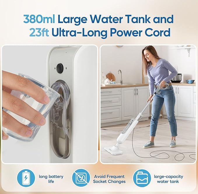 Steam Mop All-in-one Multi-Functional Powerful Steam Cleaner, Handheld Detachable Floor Steamer with 2 Steam Level, 380ML Water Tank & 23FT Power Cord for Floor Cleaning and Home Use - NeatNest