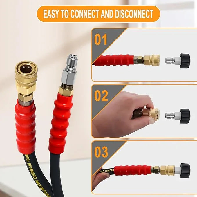 3/8" Pressure Washer Hose 100ft -Black 4800 PSI Kink Resistant Steel Wire Braided Industrial Grade Power Washer Hose for Hot/Cold Water up to 248°F with 2 M22 14mm Quick Connect Ends and Adapters Kits - NeatNest