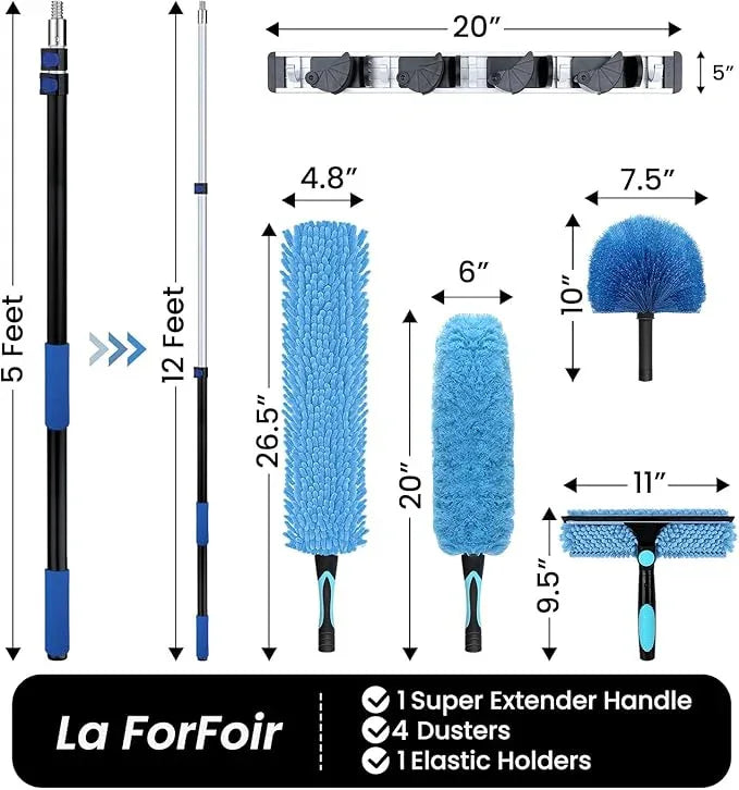 20ft High Ceiling Duster Kits with 5-12ft Heavy Duty Extension Pole - Fan Blade Cleaner, Cobweb Remover & Blue Window Squeegee Kit, Washable Dust Brush for High Roof and Glass Surfaces - NeatNest