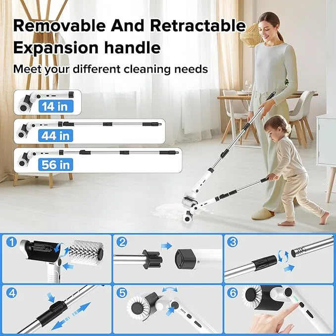 Roller-Type Electric Cleaning Brush - 2025 New Cordless Shower Scrubber with 200min Runtimes, 2-Speeds & 56" Extendable Handle, 4 Brush Heads, Shower Cleaner Brush, for Bathtub/Tile/Floor - NeatNest