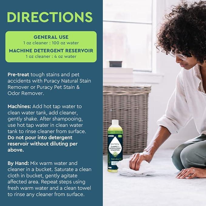 Puracy Professional Carpet Cleaner Machine Detergent, 4x Concentrated Upholstery Cleaner, Natural Carpet Shampoo, Pet Stain Remover & Deodorizer, Makes 20 Gallons of Cleaning Solution, 25 Ounce - NeatNest