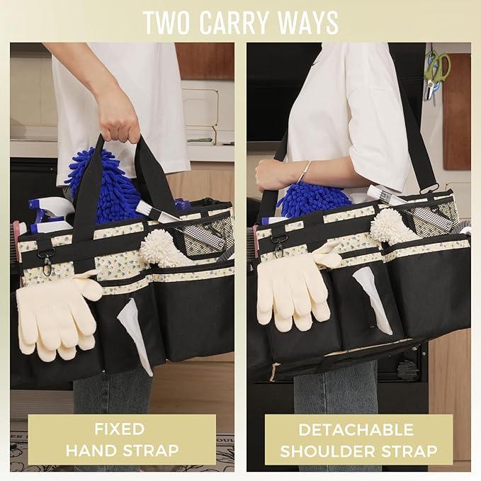 Wearable Cleaning Caddy, Cleaning Caddy Supplies Organizer with Handle & Shoulder Straps for Housekeepers, Under Sink & Car Cleaning Tool Organizers Bag with 4 Foldable Divider (YellowFlower) - NeatNest