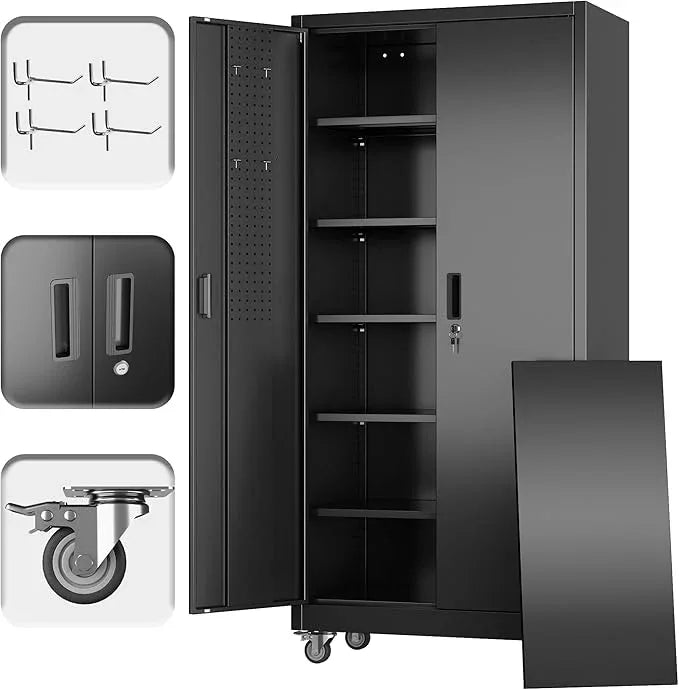 SUXXAN Garage Storage Cabinet with Wheels Pegboard and 5 Adjustable Shelves, 71'' x 32'' x 16''Metal Lockable Cabinet with Magnetic Doors,Tool Storage,Home Office Garage,Gym,School (Black) - NeatNest